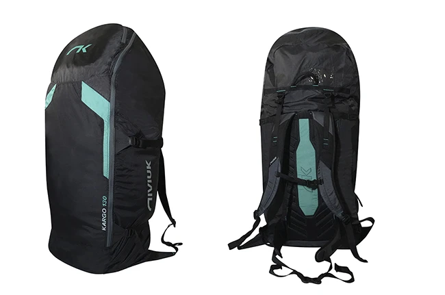 Niviuk Kargo 130 backpack, 130-liter ergonomic rucksack designed for carrying paragliding equipment, including glider, harness, and helmet